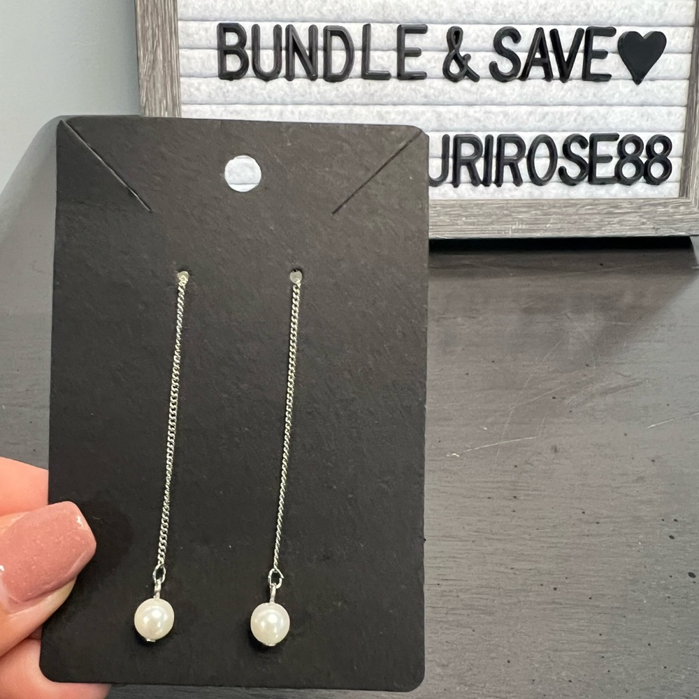 Tassel Eardrop Silver Tone Thread Pearl Earrings
